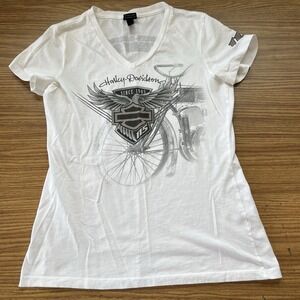 Harley Davidson Shirt Women's Medium White Graphic Bar Shield Wings 115 Leather